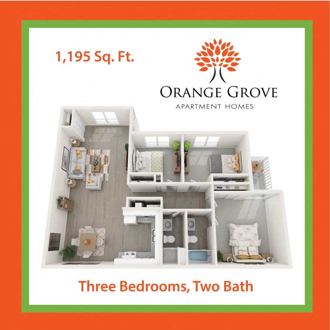 Floor plan for 3 beds, 2 baths, 1195 sqft